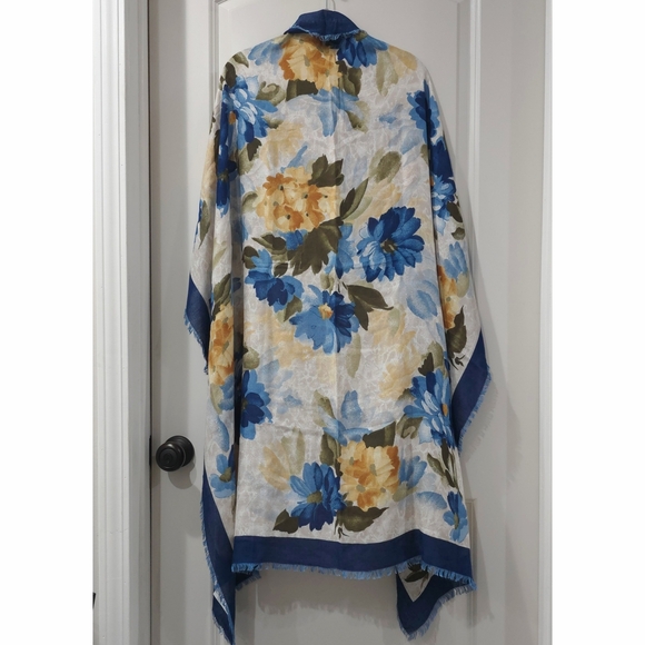 DANIEL LAURENT Floral Blue Yellow Scarf, 100% Viscose, Soft, Frayed Trim, Nwot - Picture 7 of 14